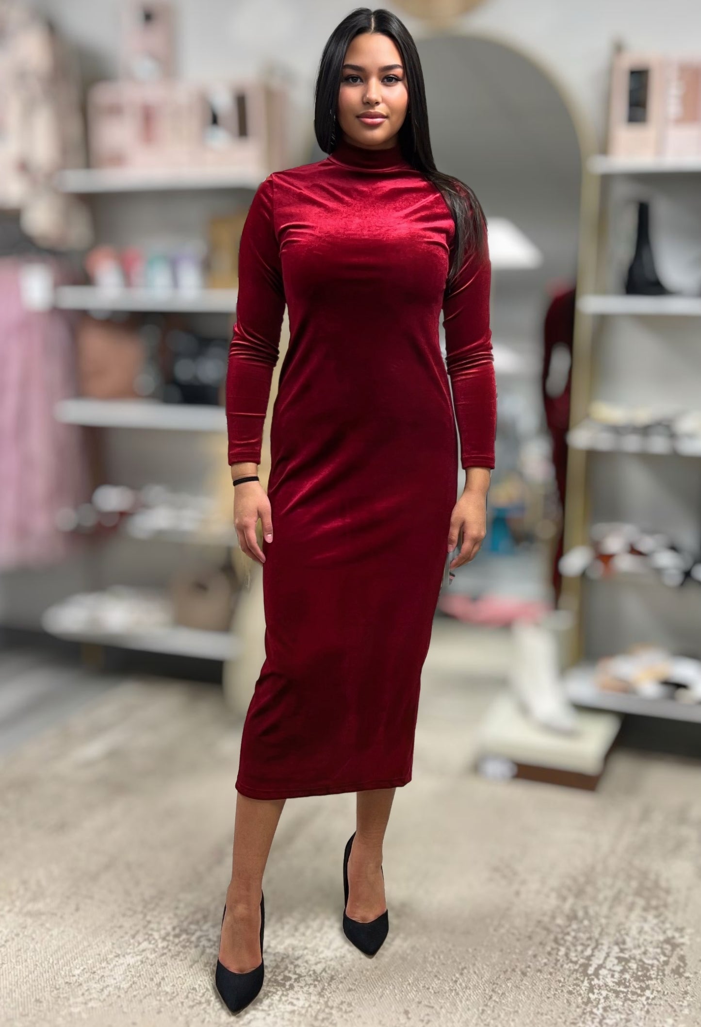 RILEY VELVET MIDI DRESS WITH BACK SLIT