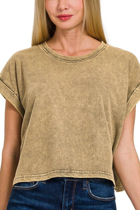 RIXIE ACID WASH FOLDED SLEEVE TEE | MOCHA