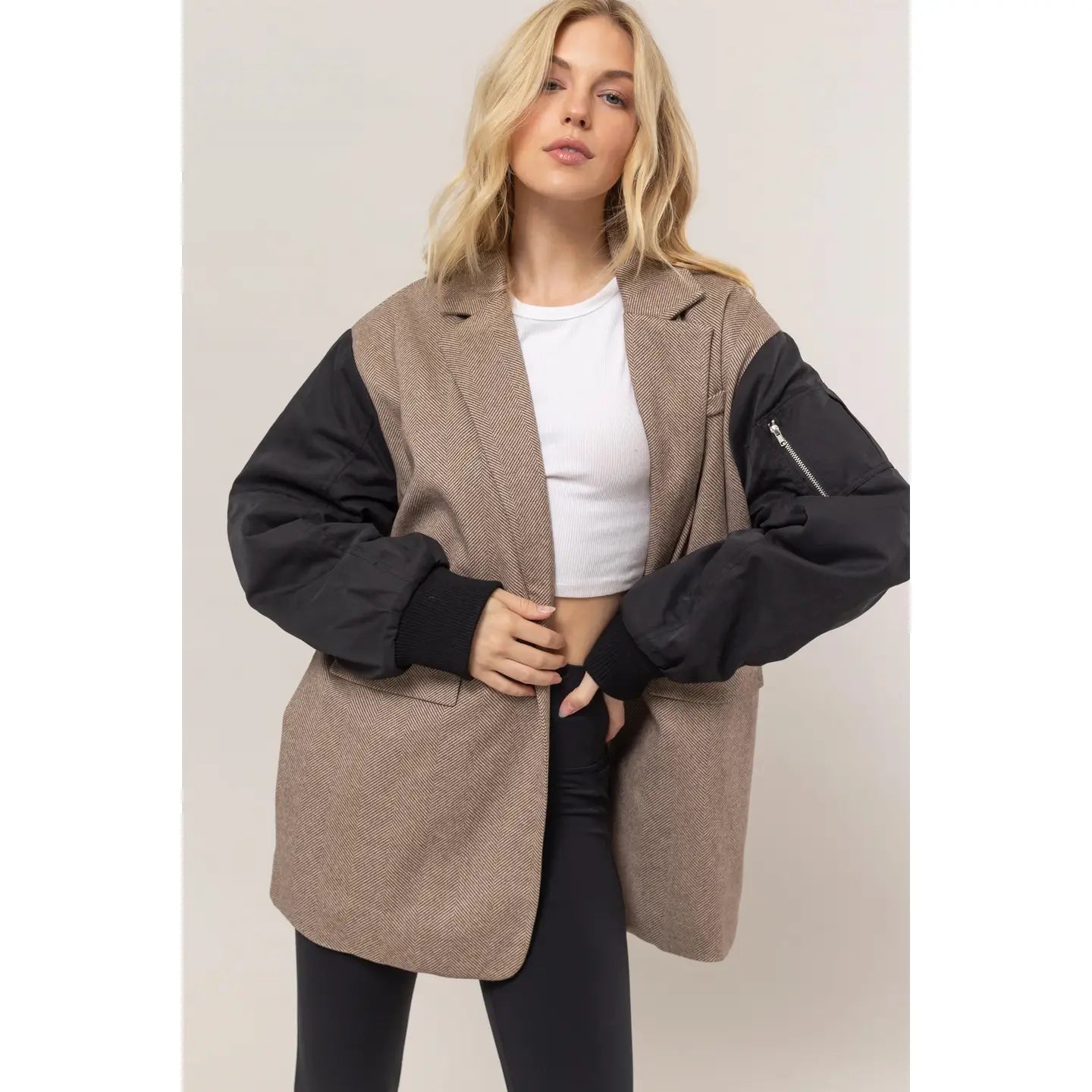 SENNA MIXED MEDIA HERRINGBONE PUFFER COAT