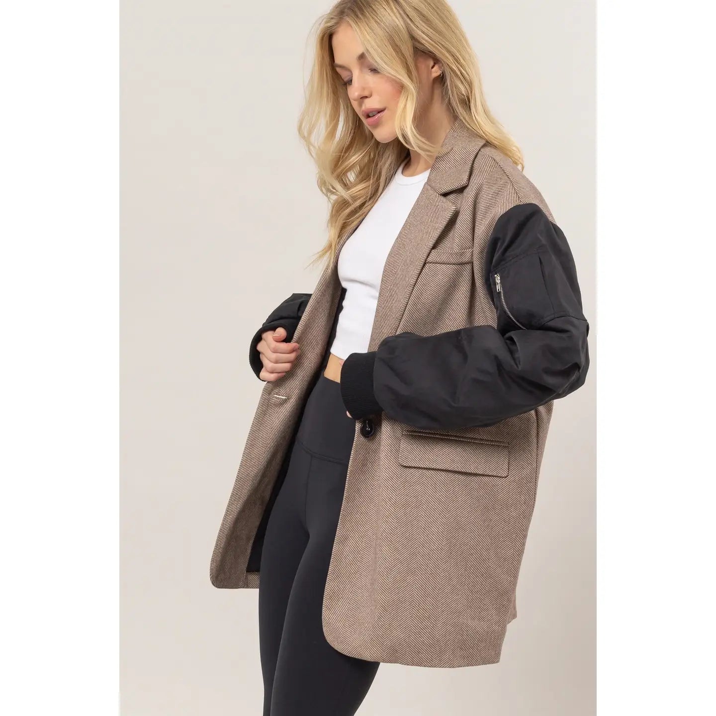 SENNA MIXED MEDIA HERRINGBONE PUFFER COAT