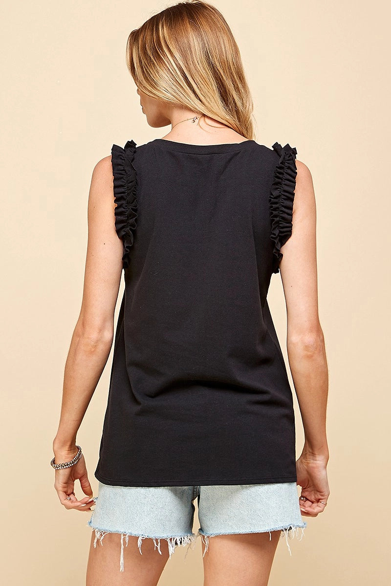 STEPH RUFFLE SLEEVELESS TANK | BLACK