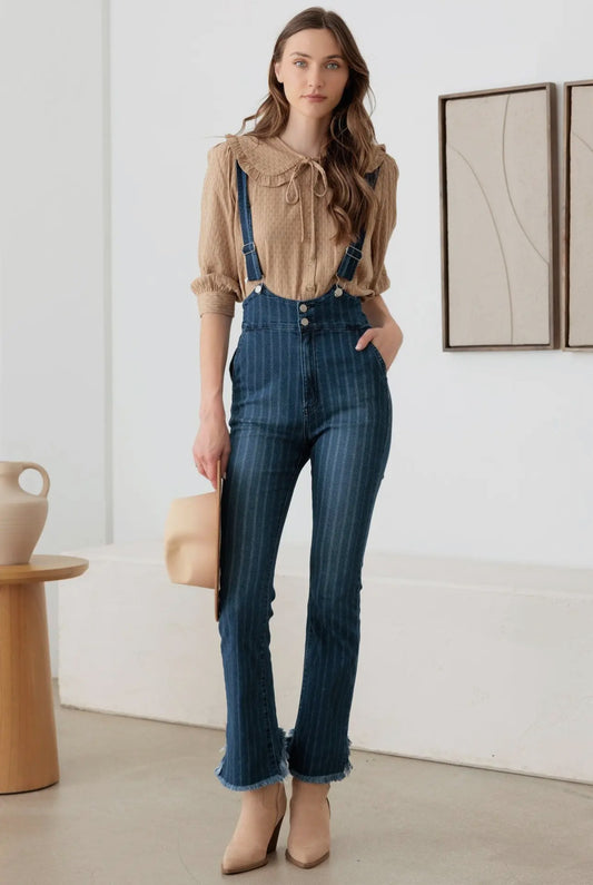 EVALINA STRIPED SUSPENDER DENIM JUMPSUIT