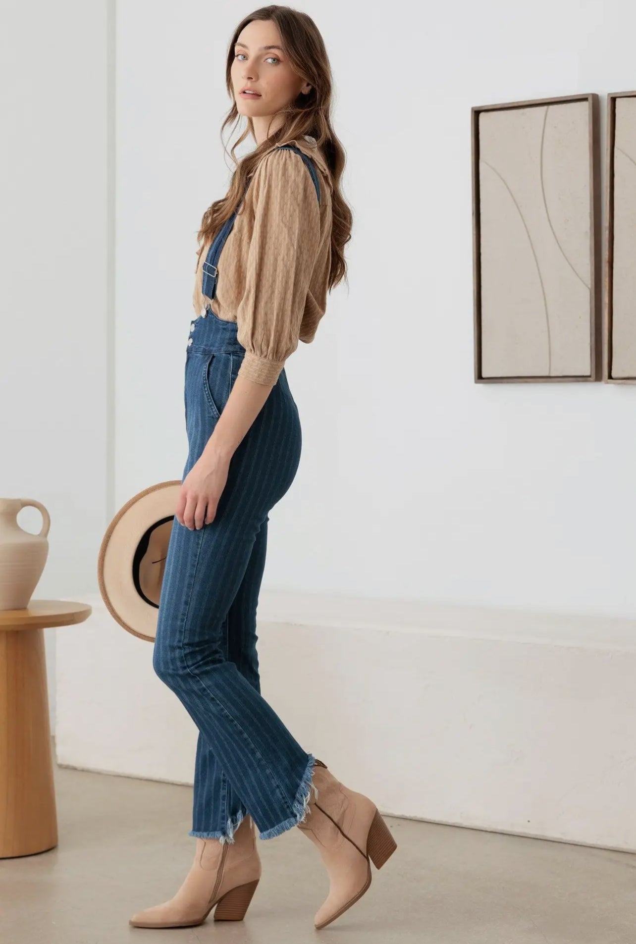 EVALINA STRIPED SUSPENDER DENIM JUMPSUIT