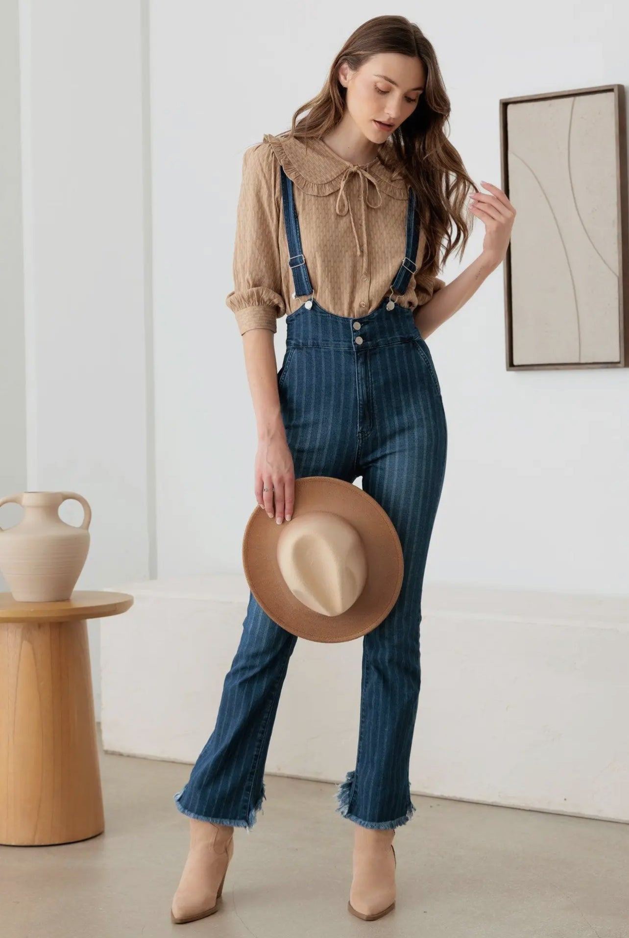 EVALINA STRIPED SUSPENDER DENIM JUMPSUIT