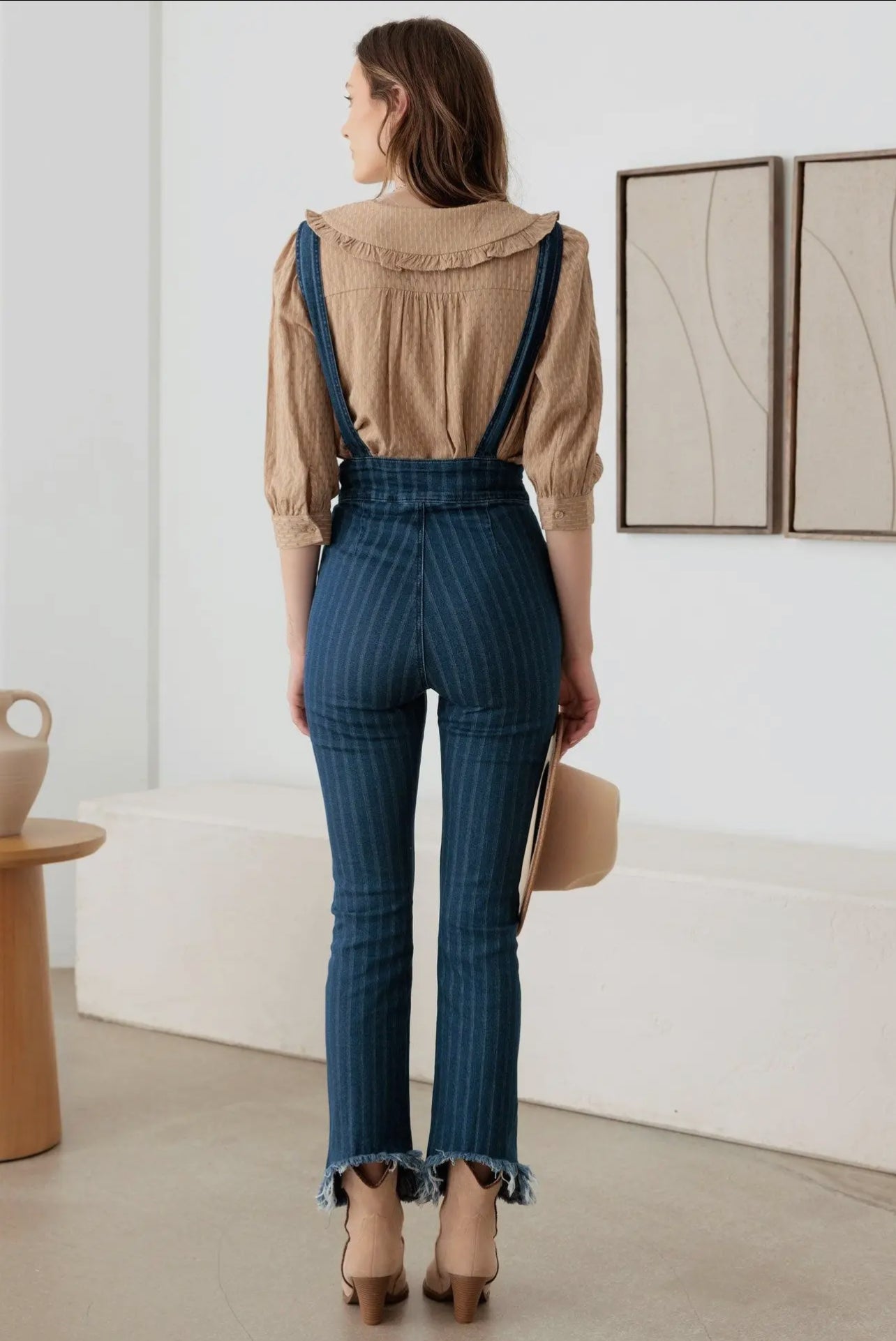 EVALINA STRIPED SUSPENDER DENIM JUMPSUIT