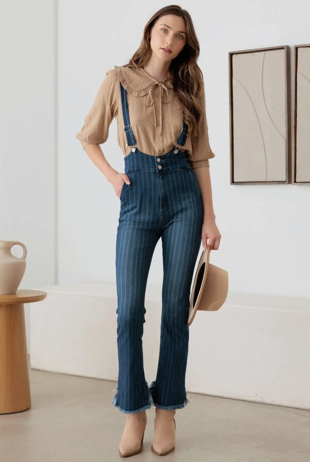 EVALINA STRIPED SUSPENDER DENIM JUMPSUIT