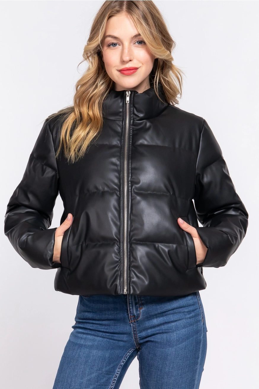 SUSANNAH VEGAN LEATHER QUILTED PUFFER JACKET | BLACK