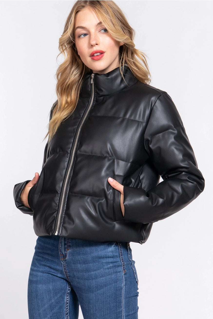 SUSANNAH VEGAN LEATHER QUILTED PUFFER JACKET | BLACK