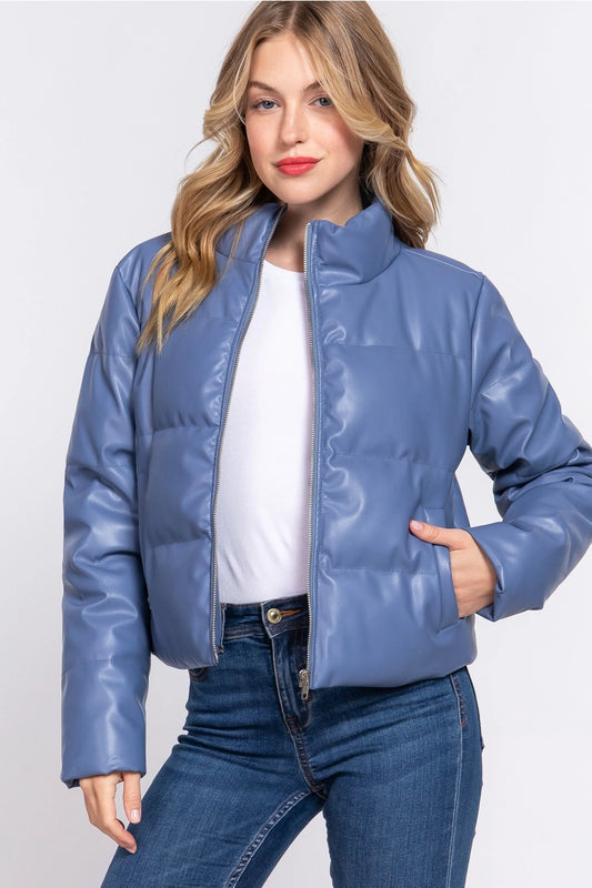 SUSANNAH VEGAN LEATHER QUILTED PUFFER JACKET | DUSTY BLUE