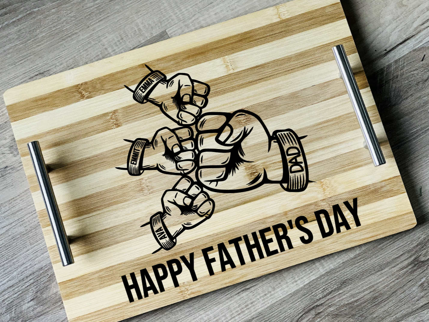 Personalized Dad and Kids Fist pump Bamboo Serving Tray with Silver Handles (1-4 Kids)