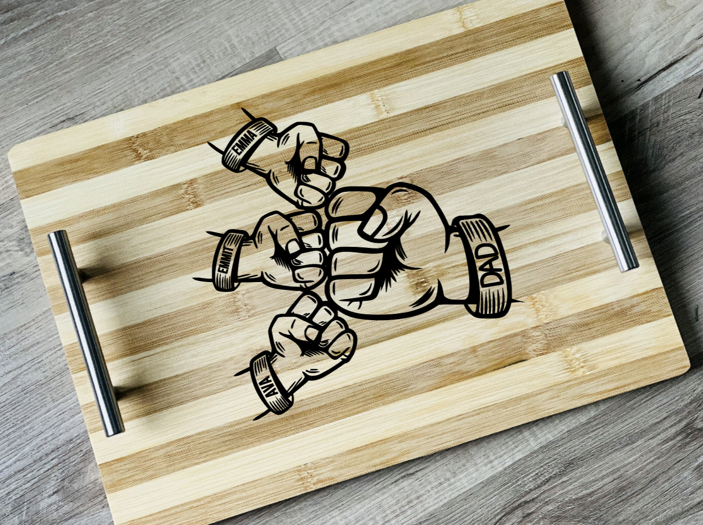 Personalized Dad and Kids Fist pump Bamboo Serving Tray with Silver Handles (1-4 Kids)