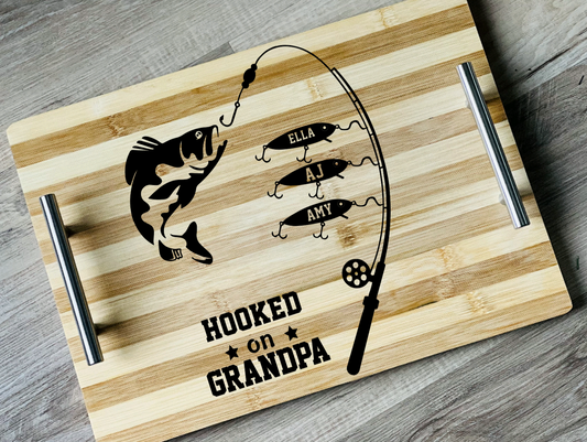 Personalized "Hooked on Dad,Grandpa, Papa" Bamboo Serving Tray