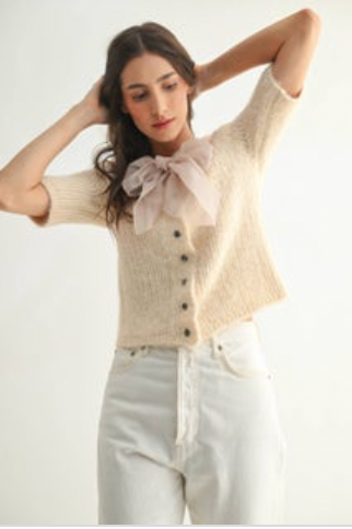 KIMARI BOW DETAIL SHORT SLEEVE CARDIGAN