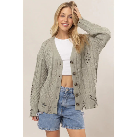 TISHA DISTRESSED CABLE KNIT CARDIGAN SWEATER | OLIVE