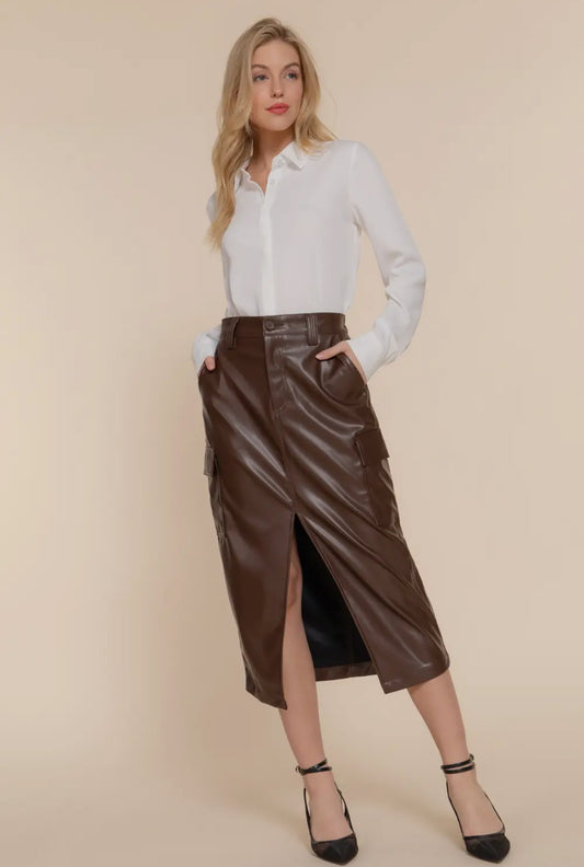 ANNETTE VEGAN LEATHER MIDI CARGO SKIRT