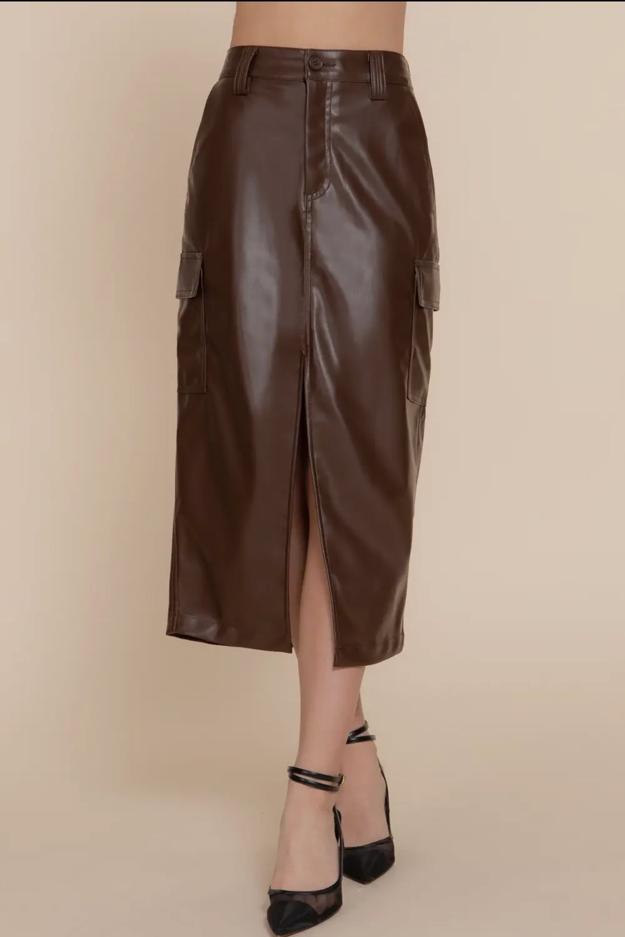 ANNETTE VEGAN LEATHER MIDI CARGO SKIRT