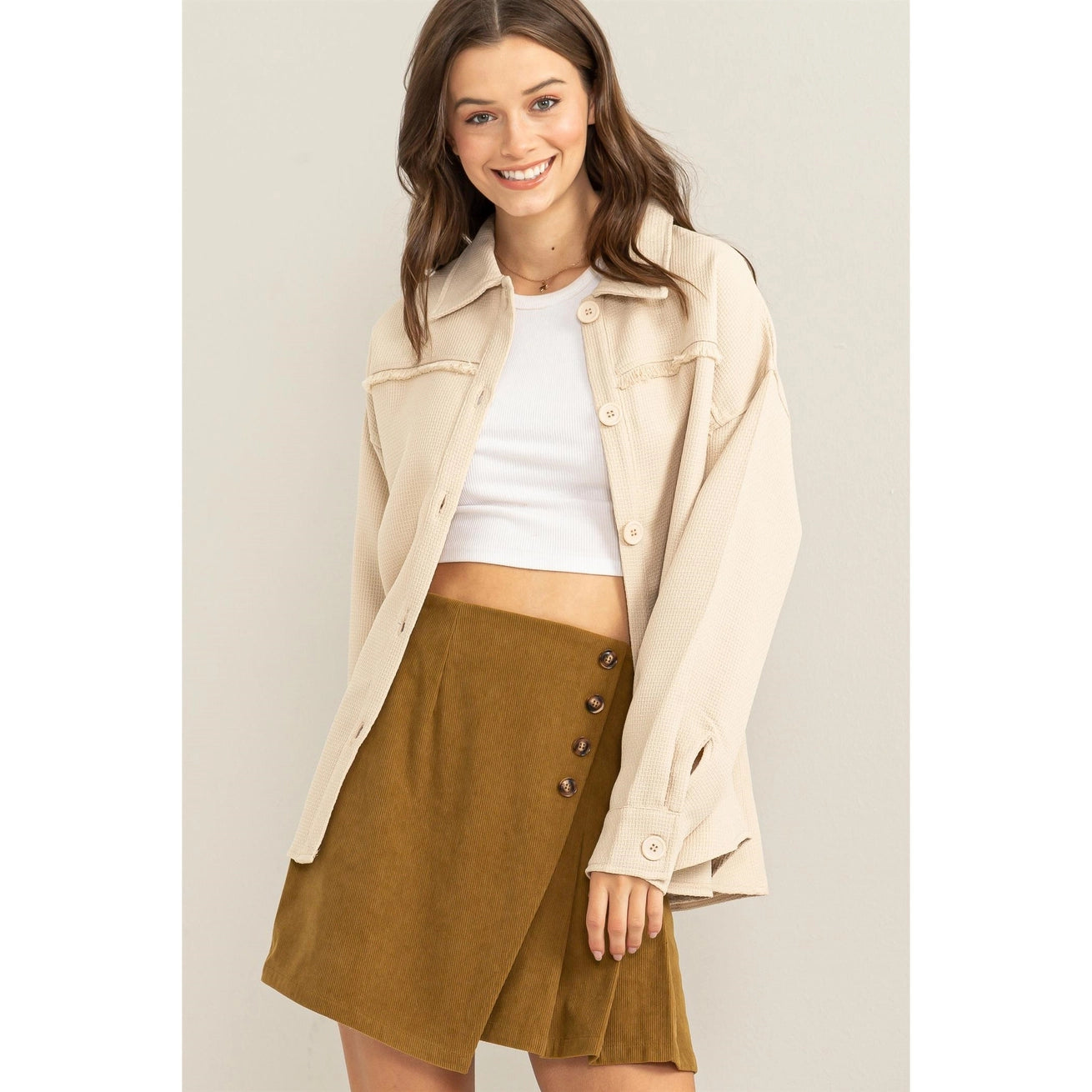 VERONICA FRAY DETAIL SHACKET | BEIGE