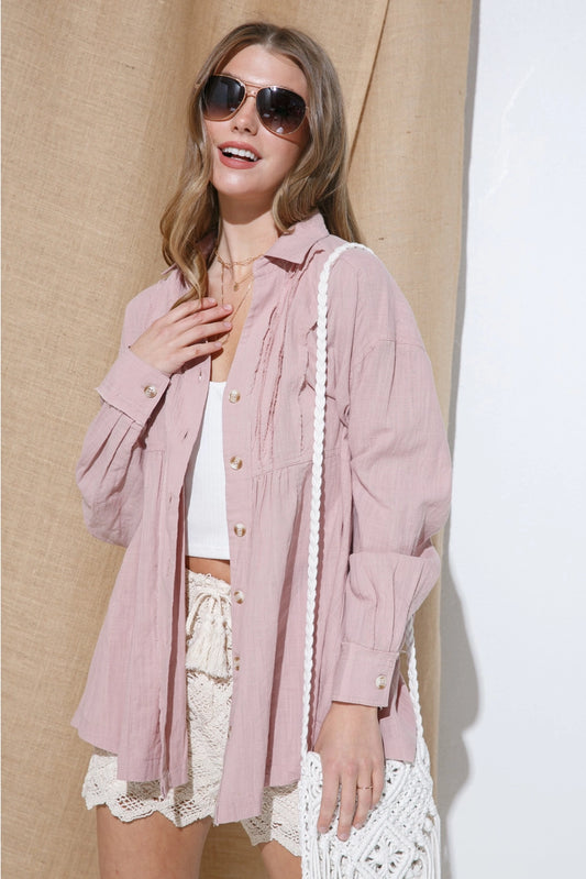 ZEYLIE COTTON PLEATED FRAYED FRONT DETAIL BUTTON UP SHIRT