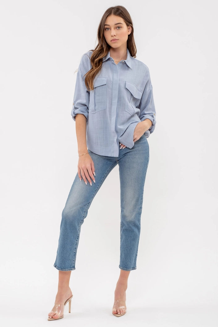 EVIE LIGHTWEIGHT COLLARED BUTTON DOWN SHIRT | BLUE