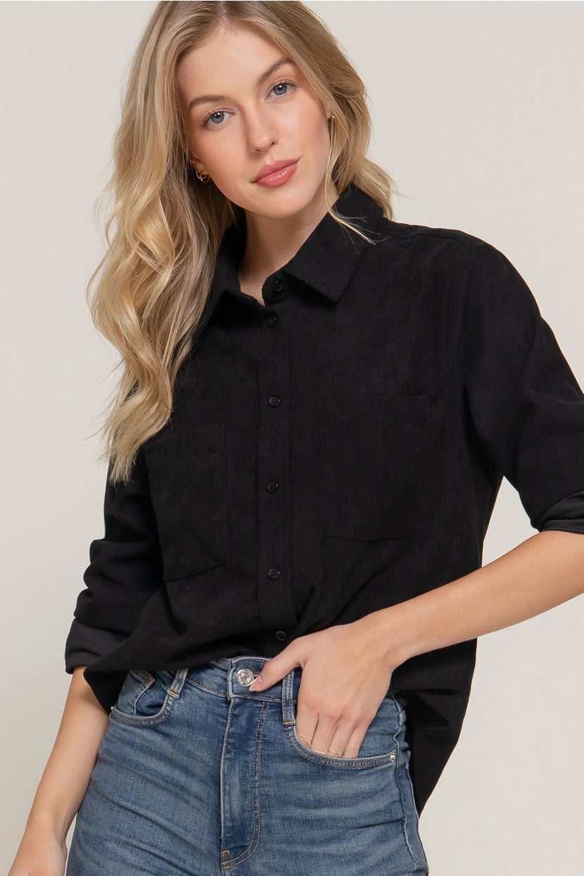 KENDALL CORDUROY BUTTON DOWN SHIRT | BLACK