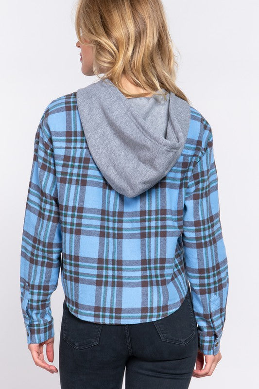 TANNIS HOODED BUTTON DOWN PLAID SHIRT | BLUE