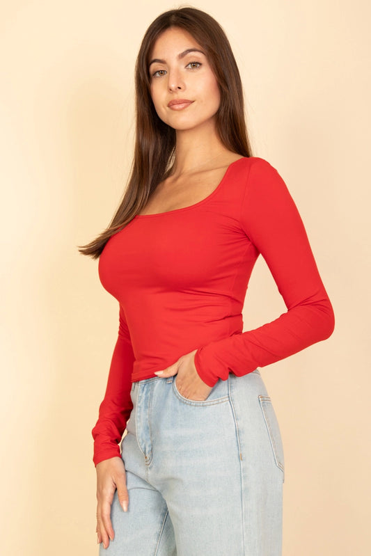 CARMEN SQUARE NECK LONG SLEEVE TOP | RED