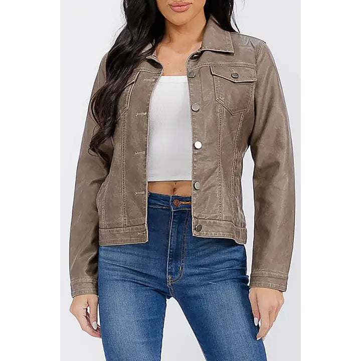 BENNIE FAUX LEATHER BUTTON JACKET