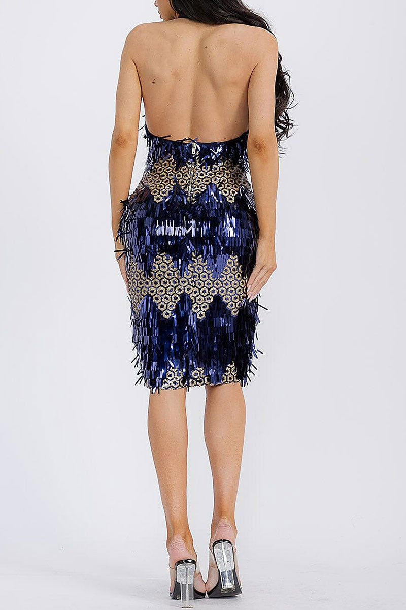 DOMINIQUE HALTER SEQUIN MIDI DRESS | NAVY/GOLD