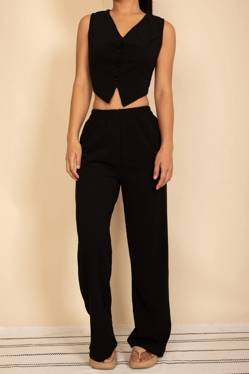 DESTINY BUTTON FRONT TIE BACK VEST AND WIDE LEG PANTS SET | BLACK