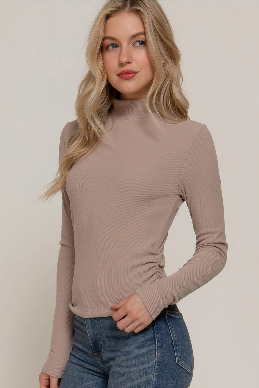 LEISHA RUCHED DETAIL BRUSHED RIBBED TOP | TAUPE