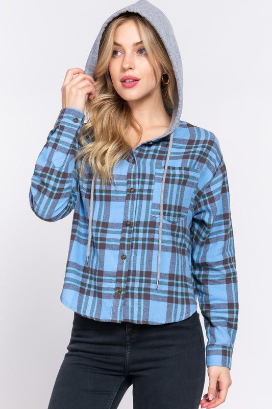 TANNIS HOODED BUTTON DOWN PLAID SHIRT | BLUE