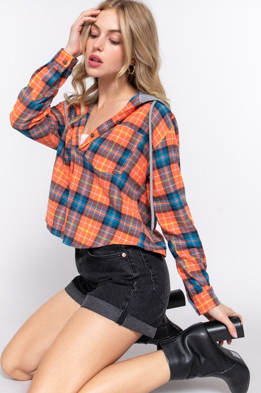 TANNIS HOODED BUTTON DOWN PLAID SHIRT | ORANGE