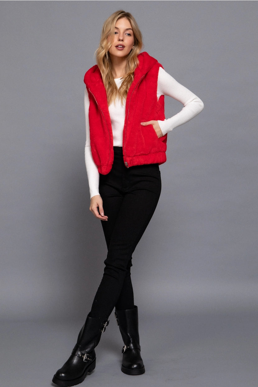TANDA HOODED FAUX FUR VEST | RED