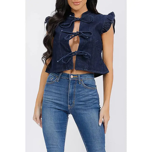 BEAU RUFFLE SLEEVE TIE FRONT DENIM VEST | DARK WASH
