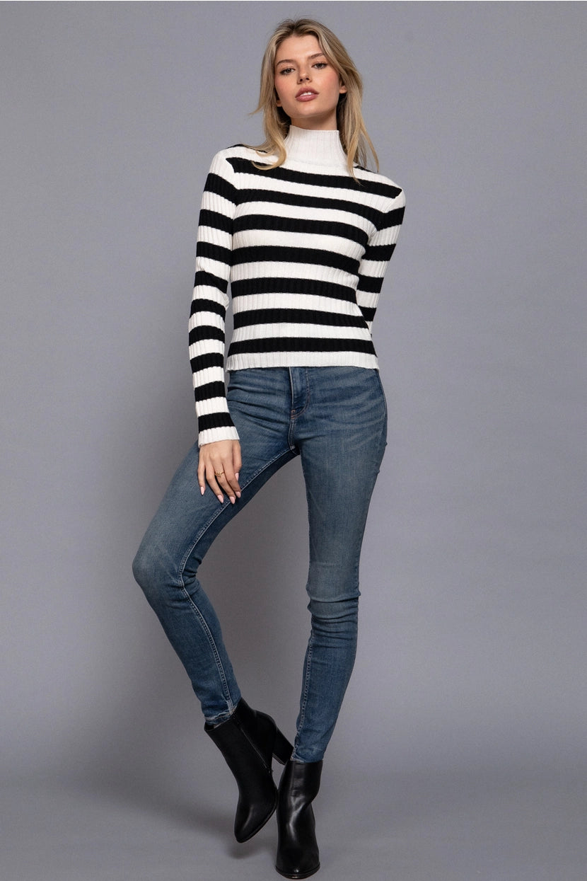 JOETTE MOCK NECK RIBBED STRIPED SWEATER