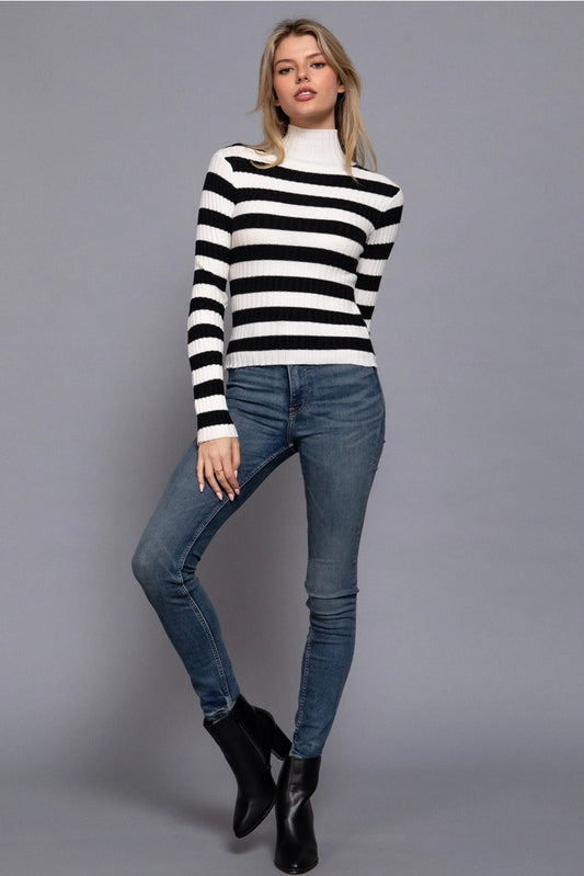 JOETTE MOCK NECK RIBBED STRIPED SWEATER