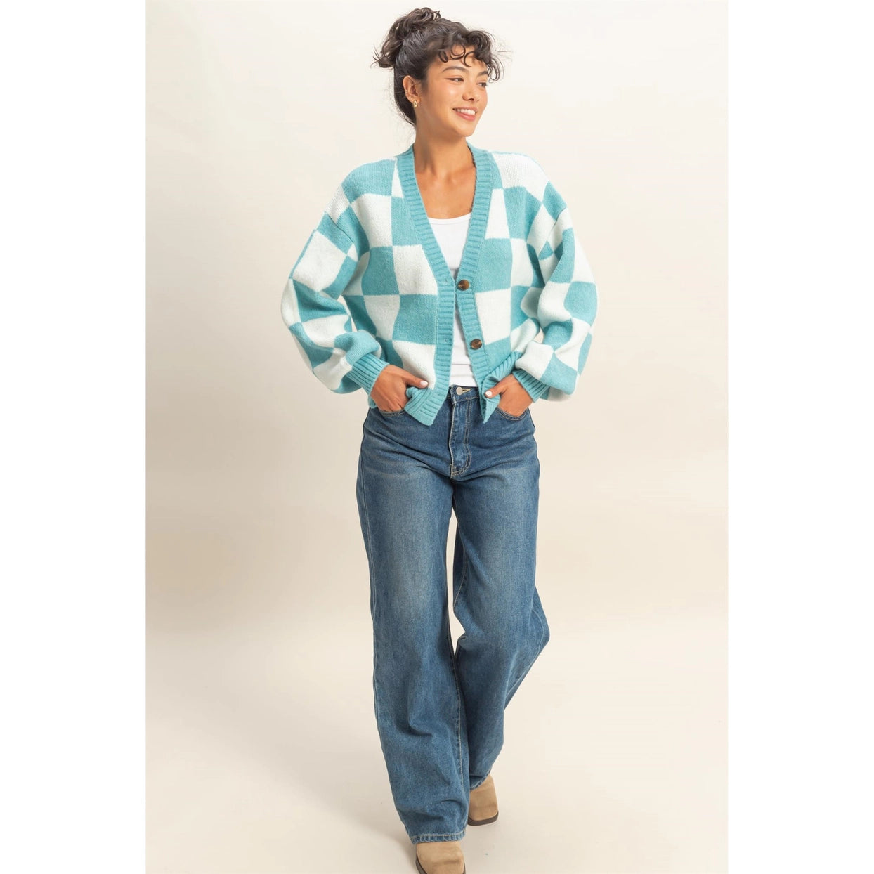 BRECKYN CHECKERED BUTTON FRONT CARDIGAN