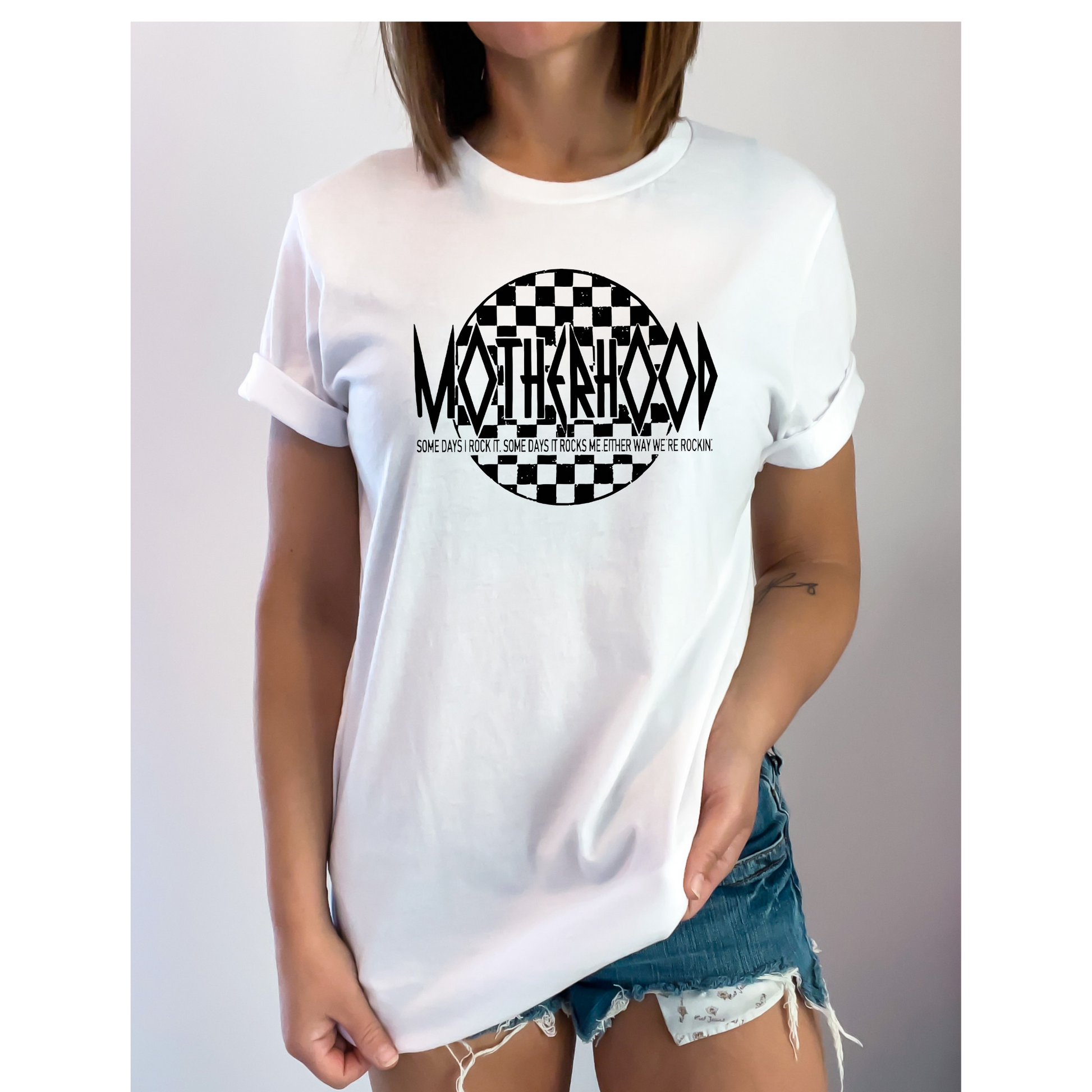 Motherhood Checkered Design Crewneck T Shirt