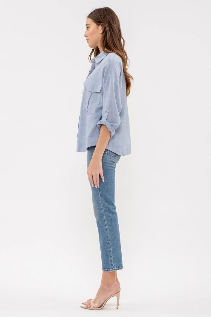 EVIE LIGHTWEIGHT COLLARED BUTTON DOWN SHIRT | BLUE