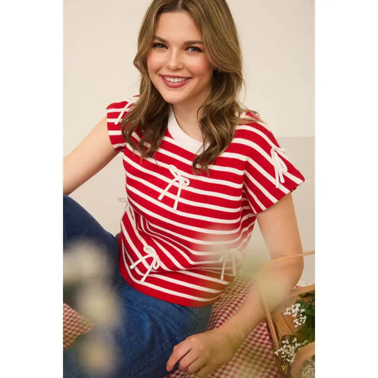 CARLIECE BOW DETAIL STRIPE SHORT SLEEVE SWEATER