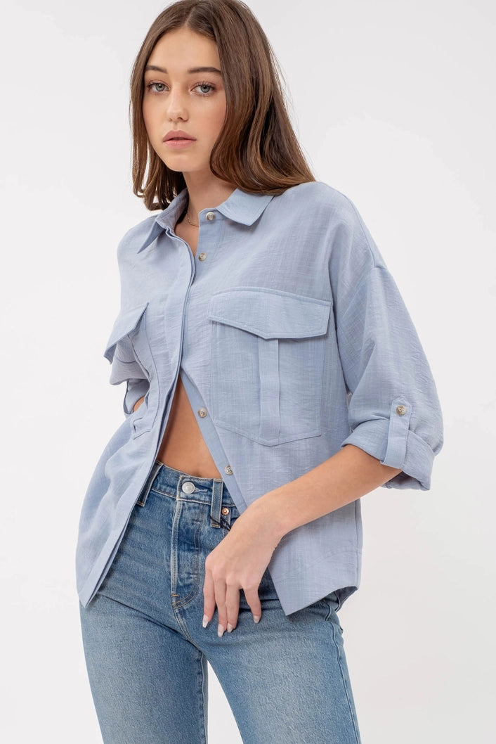 EVIE LIGHTWEIGHT COLLARED BUTTON DOWN SHIRT | BLUE