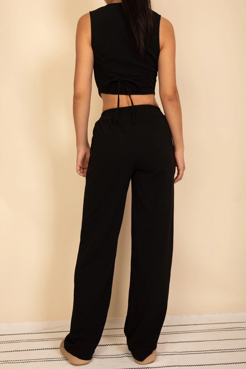 DESTINY BUTTON FRONT TIE BACK VEST AND WIDE LEG PANTS SET | BLACK
