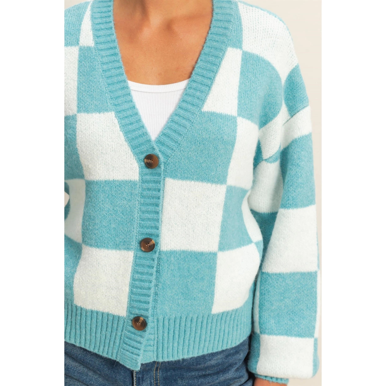 BRECKYN CHECKERED BUTTON FRONT CARDIGAN