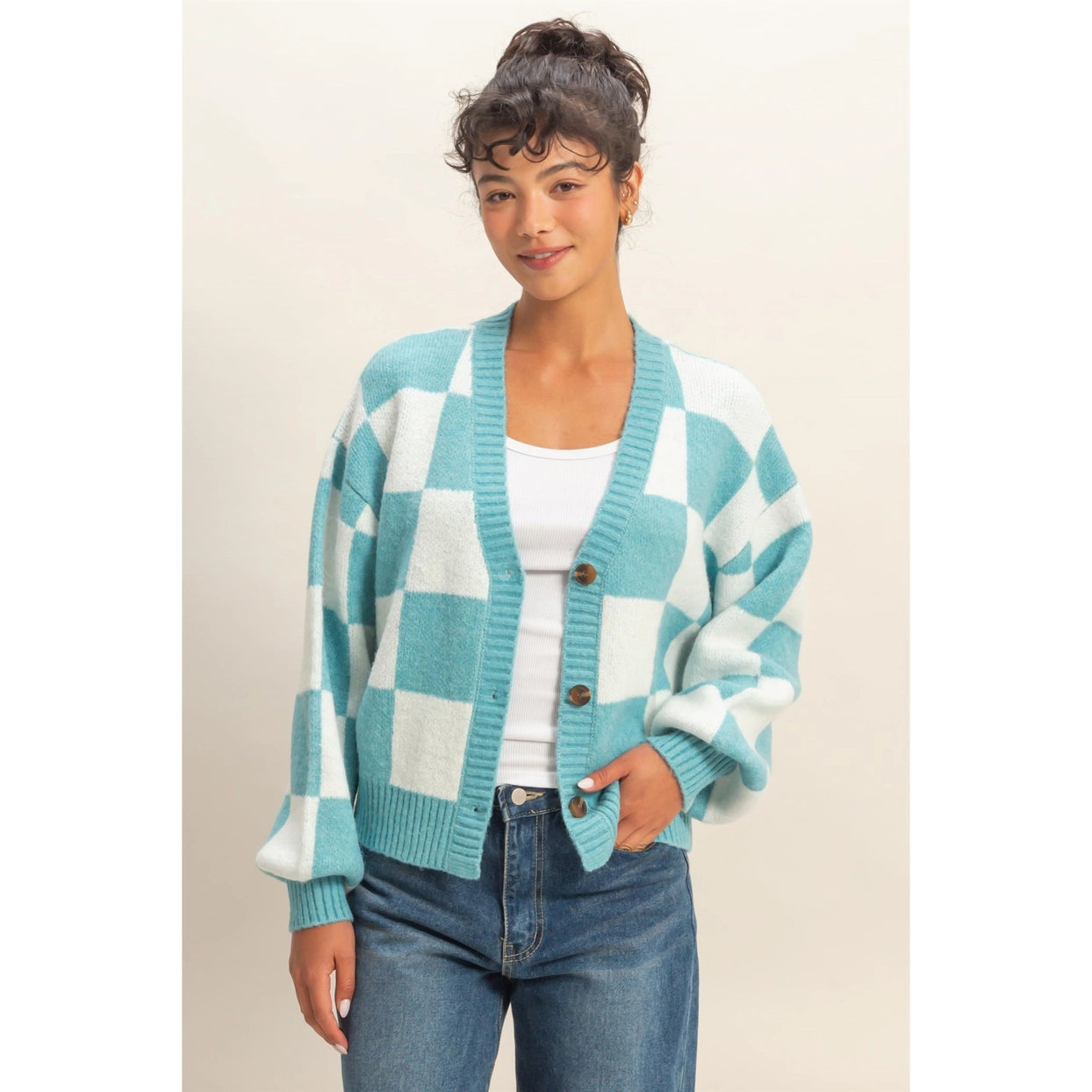 BRECKYN CHECKERED BUTTON FRONT CARDIGAN