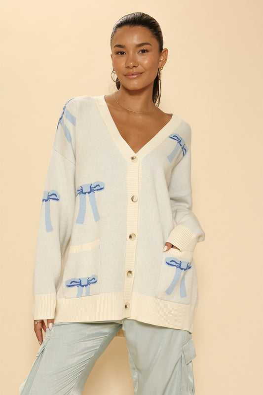 ADRIANNE BOW DESIGN CARDIGAN | CREAM/BLUE
