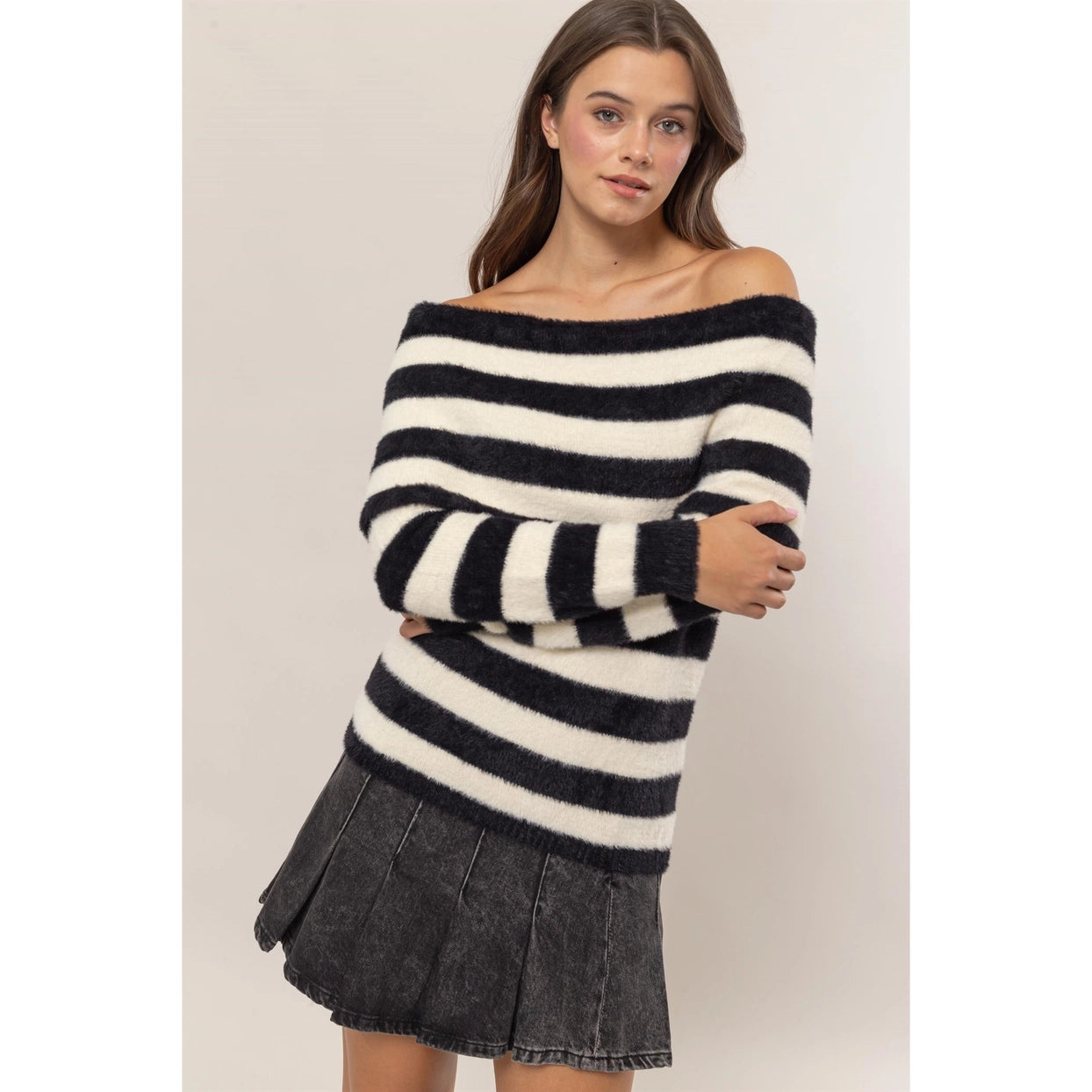 AMARILLA STRIPED OFF SHOULDER SWEATER