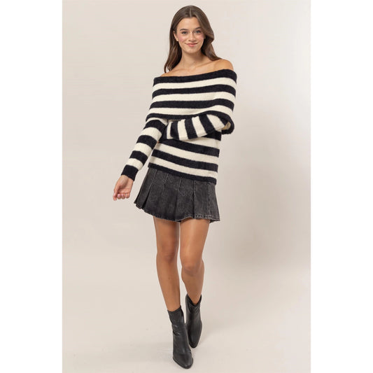 AMARILLA STRIPED OFF SHOULDER SWEATER
