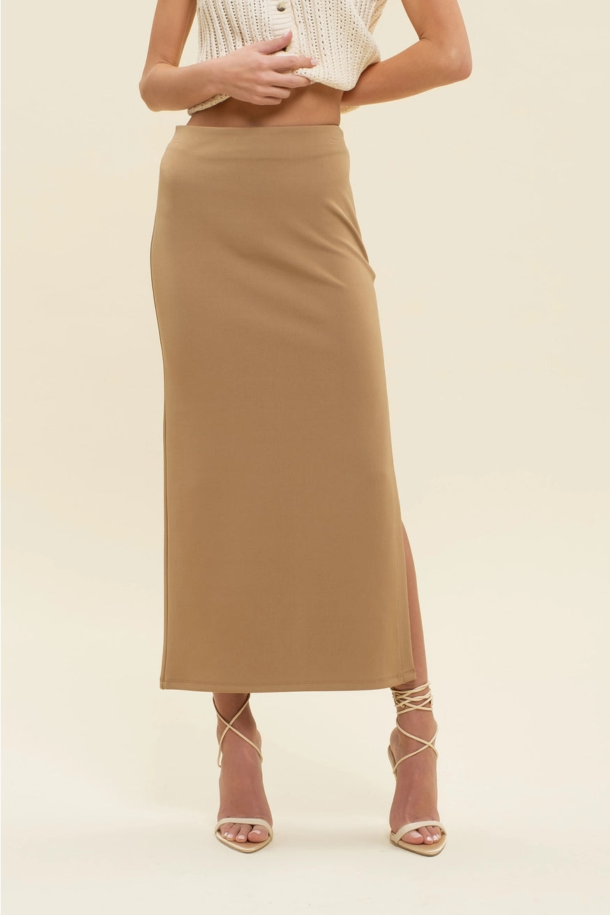 APRIL HIGH WAIST SIDE SLIT MIDI SKIRT