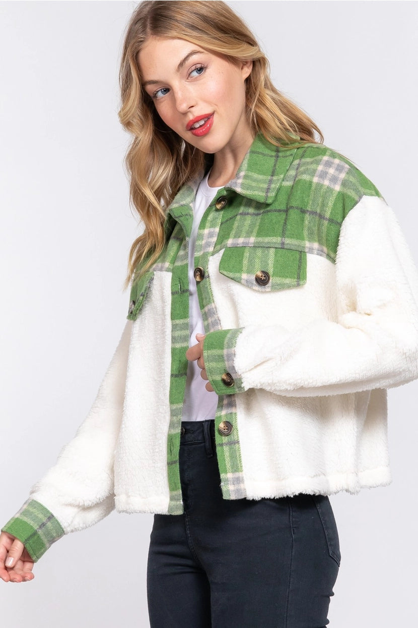JACE PLAID CONTRAST FAUX FUR SHACKET