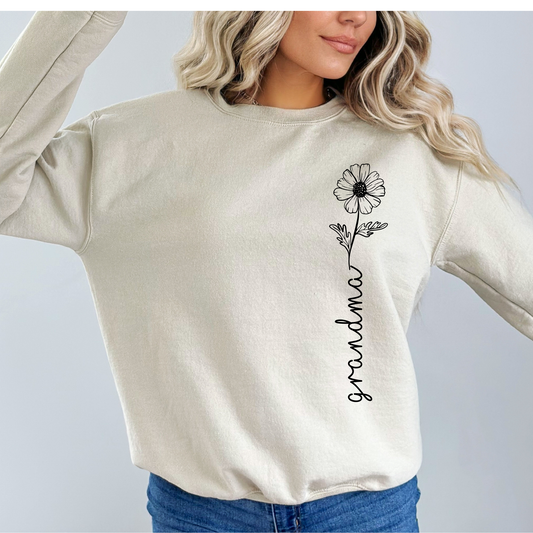 Custom Grandma Crewneck Sweatshirt with Floral DetailCustom Grandma Crewneck Sweatshirt with Floral Detail